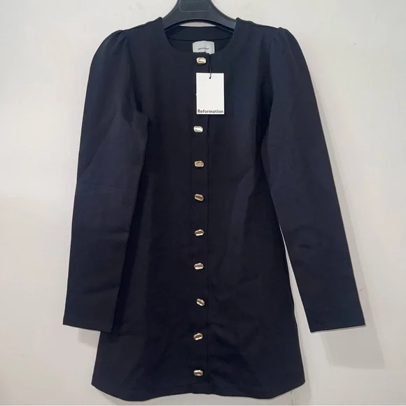Reformation Micah Knit Dress Black Long Sleeve Dress with Gold Buttons - Picture 8 of 11